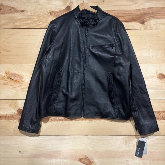 Kenneth Cole Leather Jacket Mens XL Black Full Zip Biker REAL LEATHER NWT - Picture 1 of 14